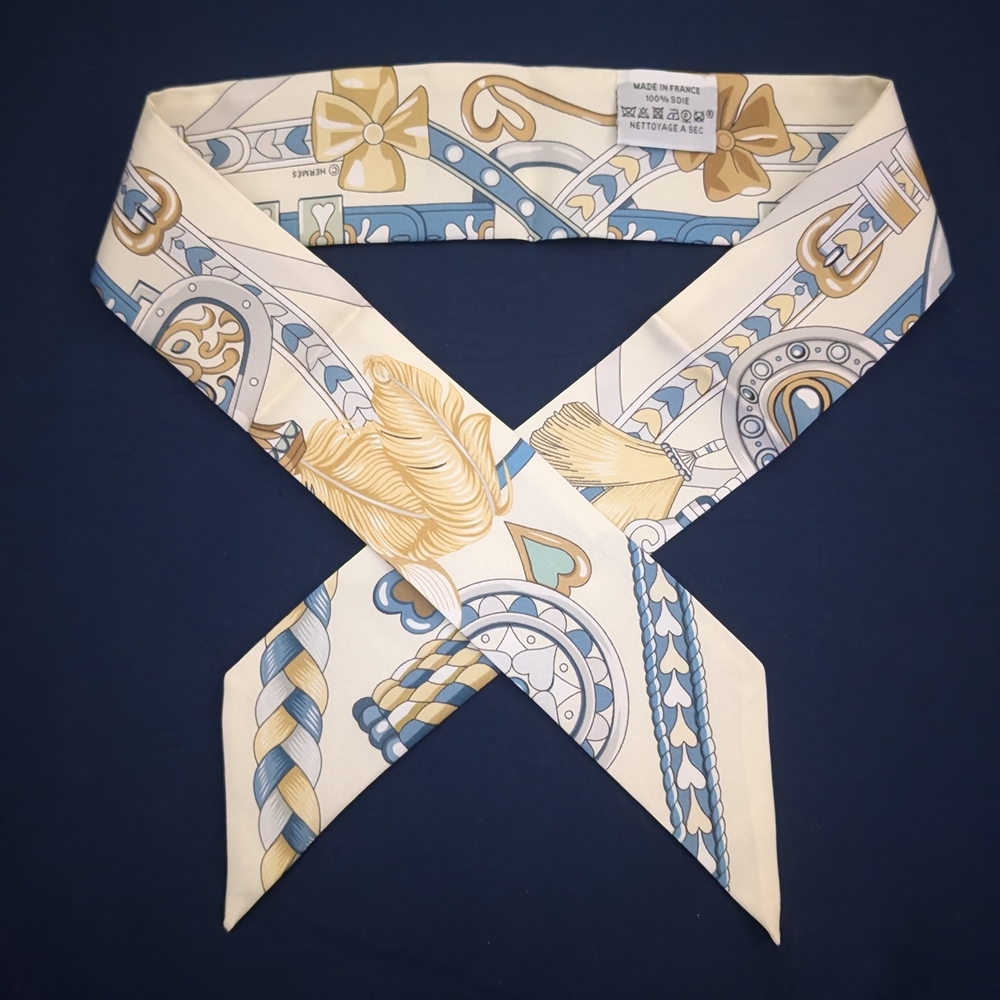 Hermes Twilly Harnais de Coeur Creme, Bleu Jean, Vert Amande